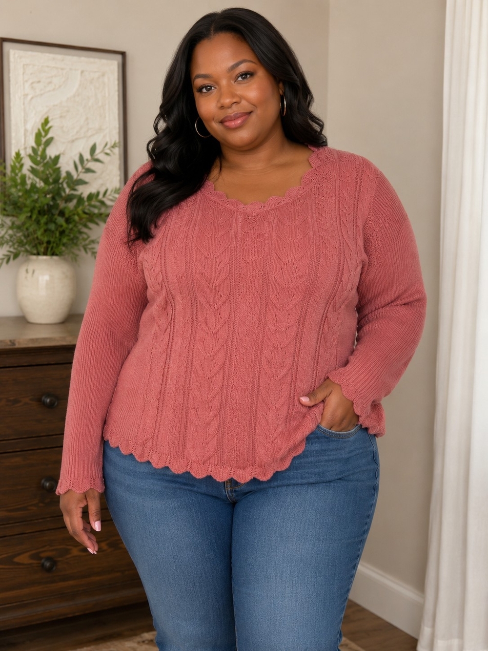 Worthington Scallop-Edge Cable Knit V-Neck Sweater - Dusty Rose